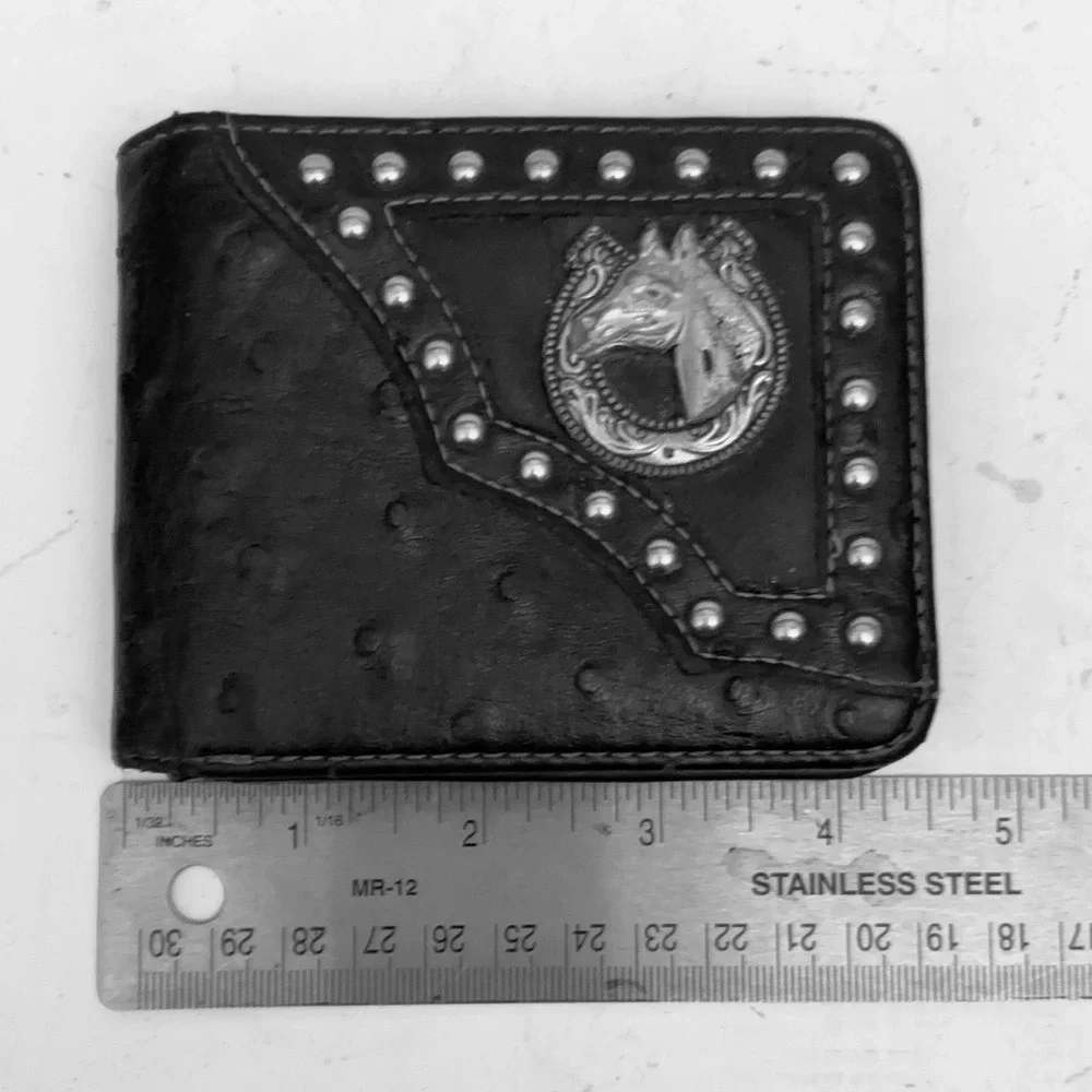 Mens Western Black Ostrich Print Bifold Wallet Studded Horse Head Concho